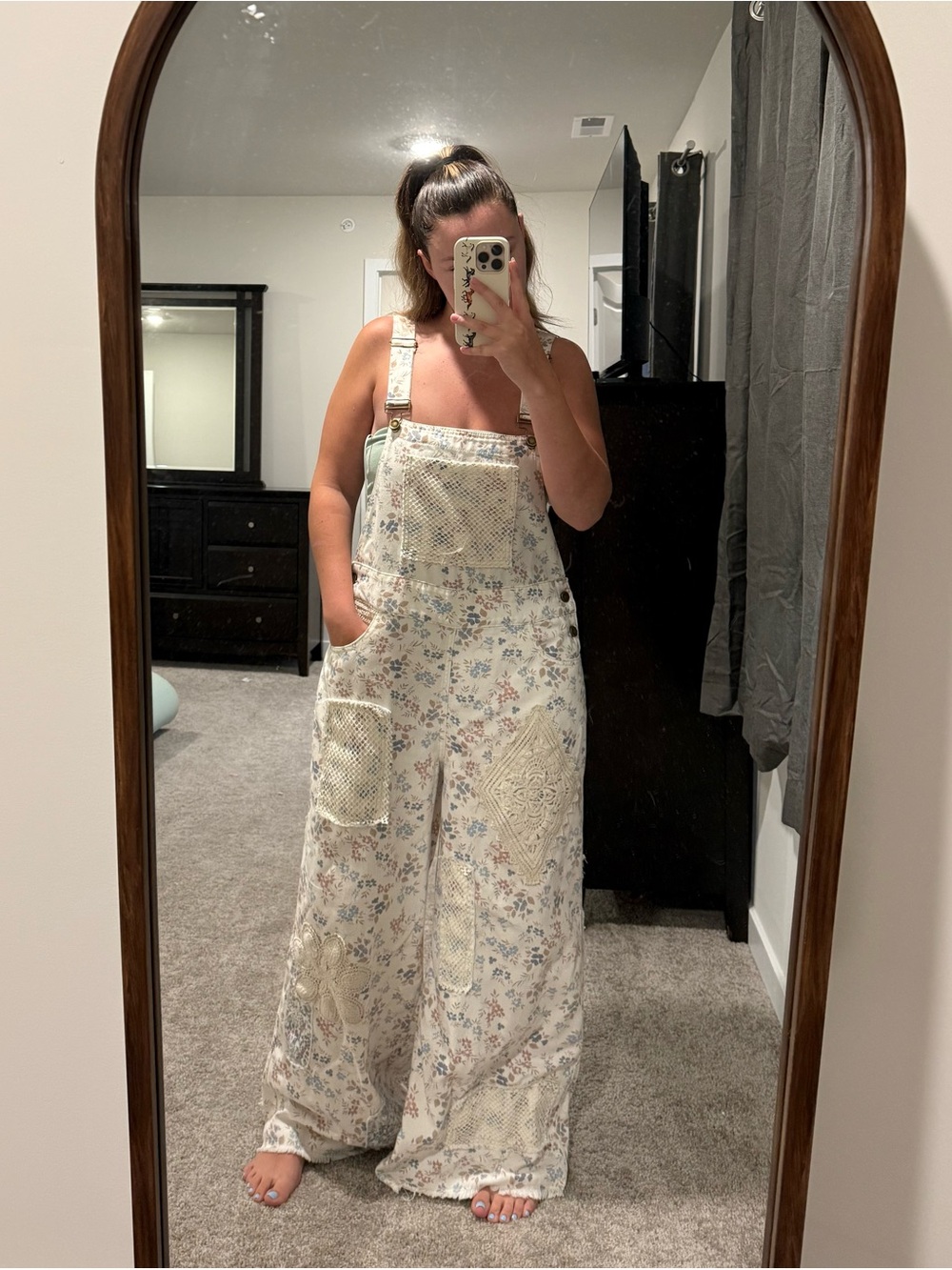 POL Cream Floral Patchwork Wide-Leg Overalls